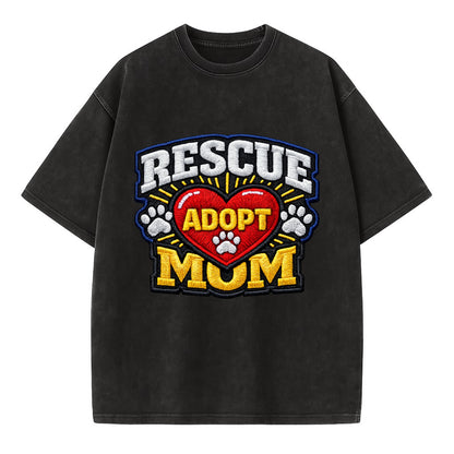 RESCUE MOM - heart with ADOPT text in red , shelter advocate - Vintage T-shirt - Black