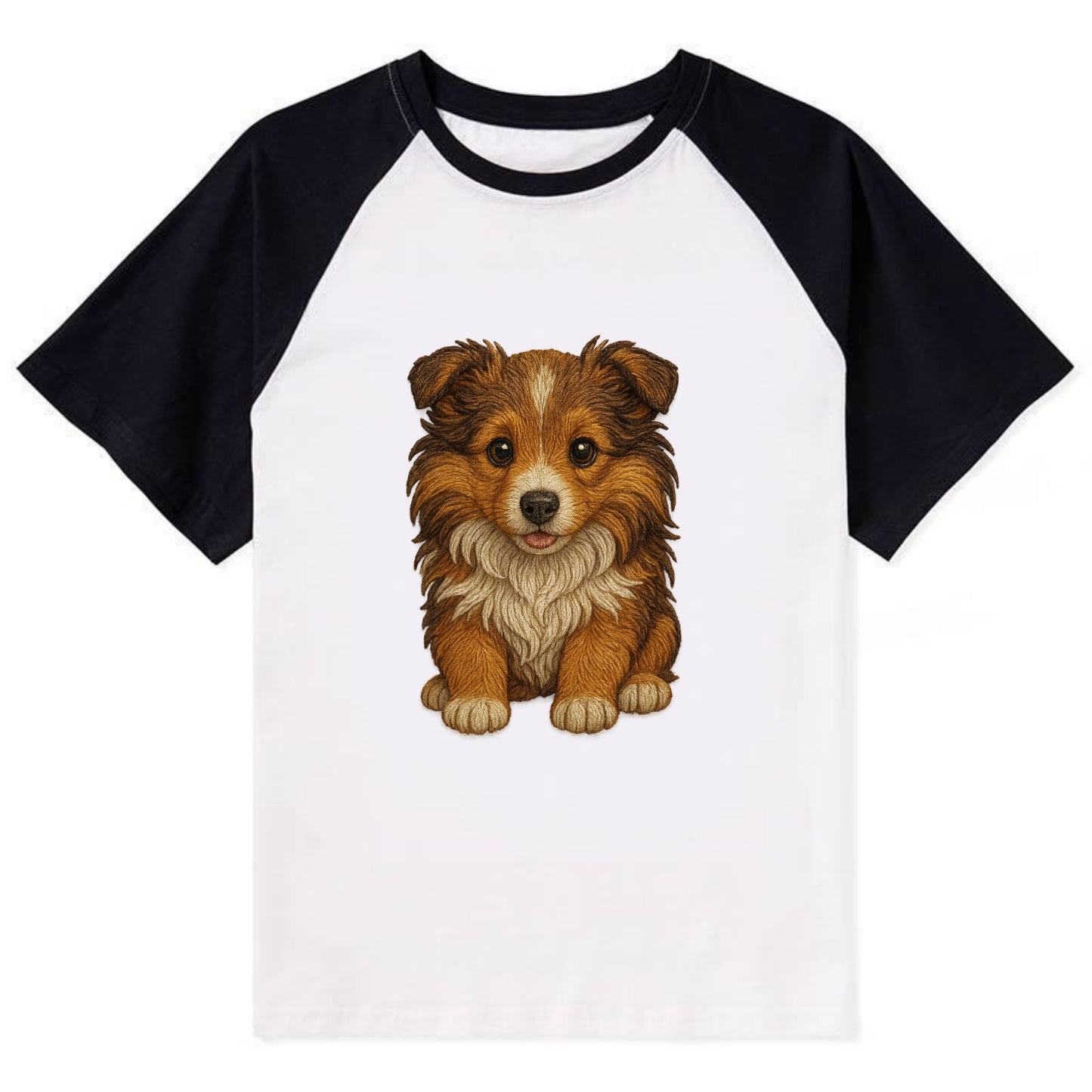 Baby Shetland Sheepdog Puppy - mini collie look, flowing mane, - Contrast Raglan T-shirt - Black