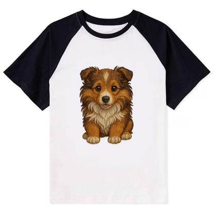 Baby Shetland Sheepdog Puppy - mini collie look, flowing mane, - Contrast Raglan T-shirt - Black
