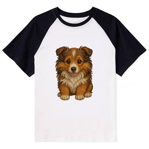 Baby Shetland Sheepdog Puppy - mini collie look, flowing mane, - Contrast Raglan T-shirt