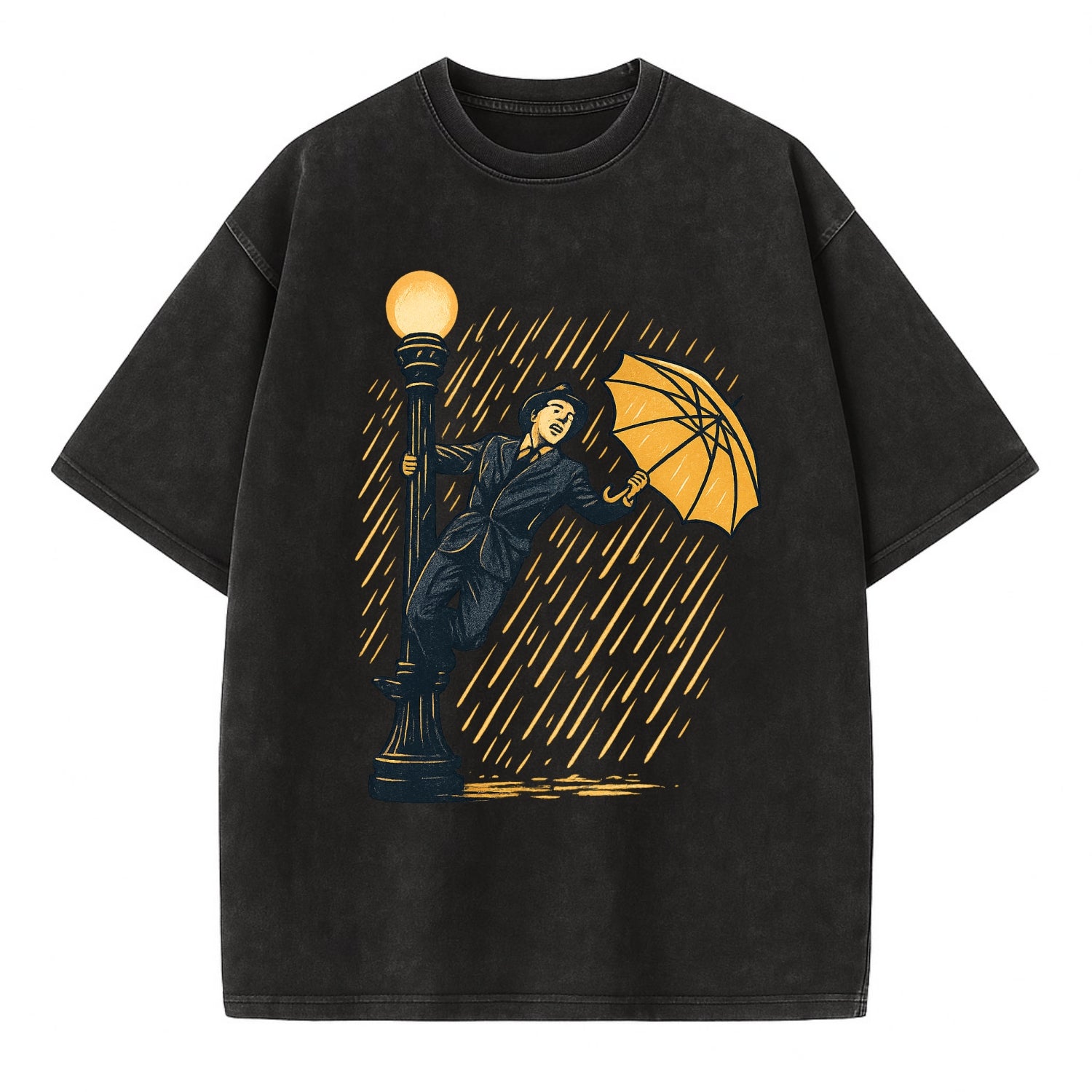 joyful dancing on lamppost in heavy rain with big smile - Vintage T-shirt - Black
