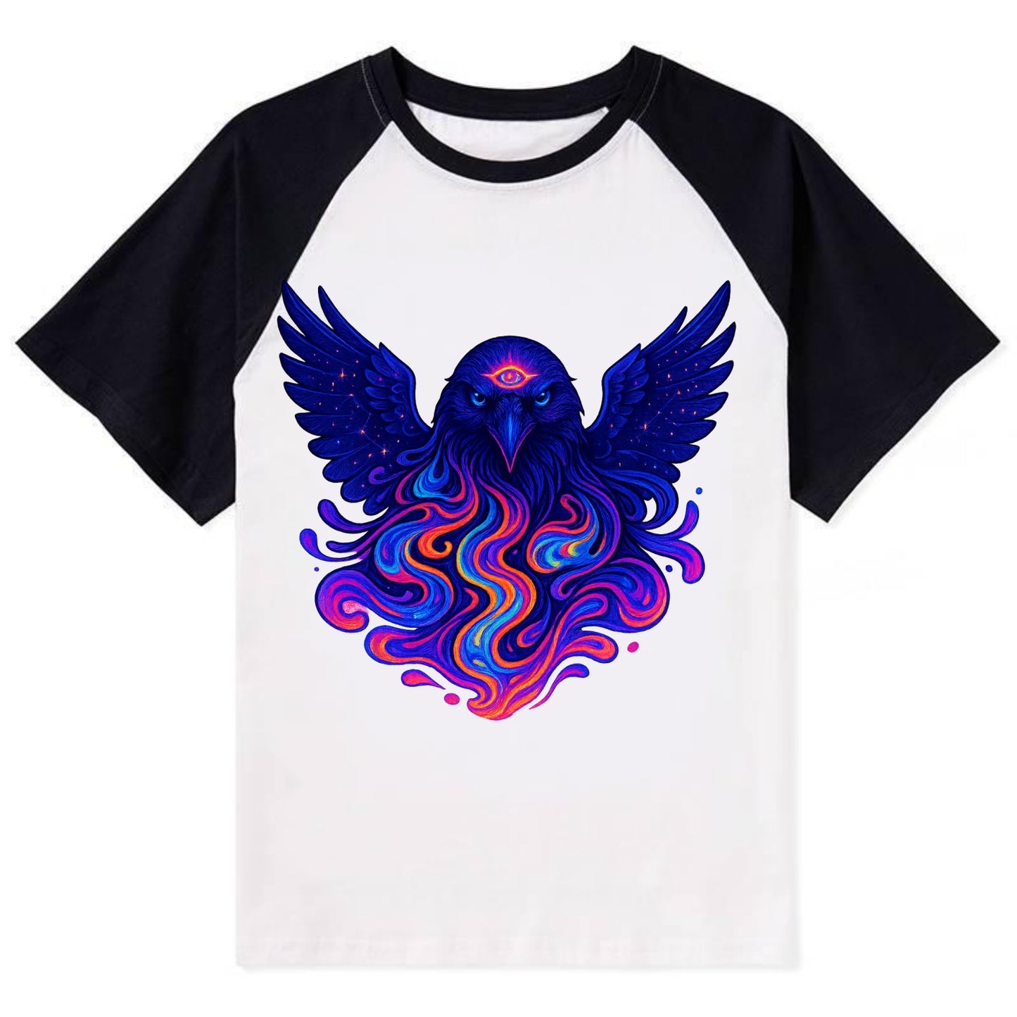Mysterious raven with feathers showing future visions in neon colors, - Contrast Raglan T-shirt - Black