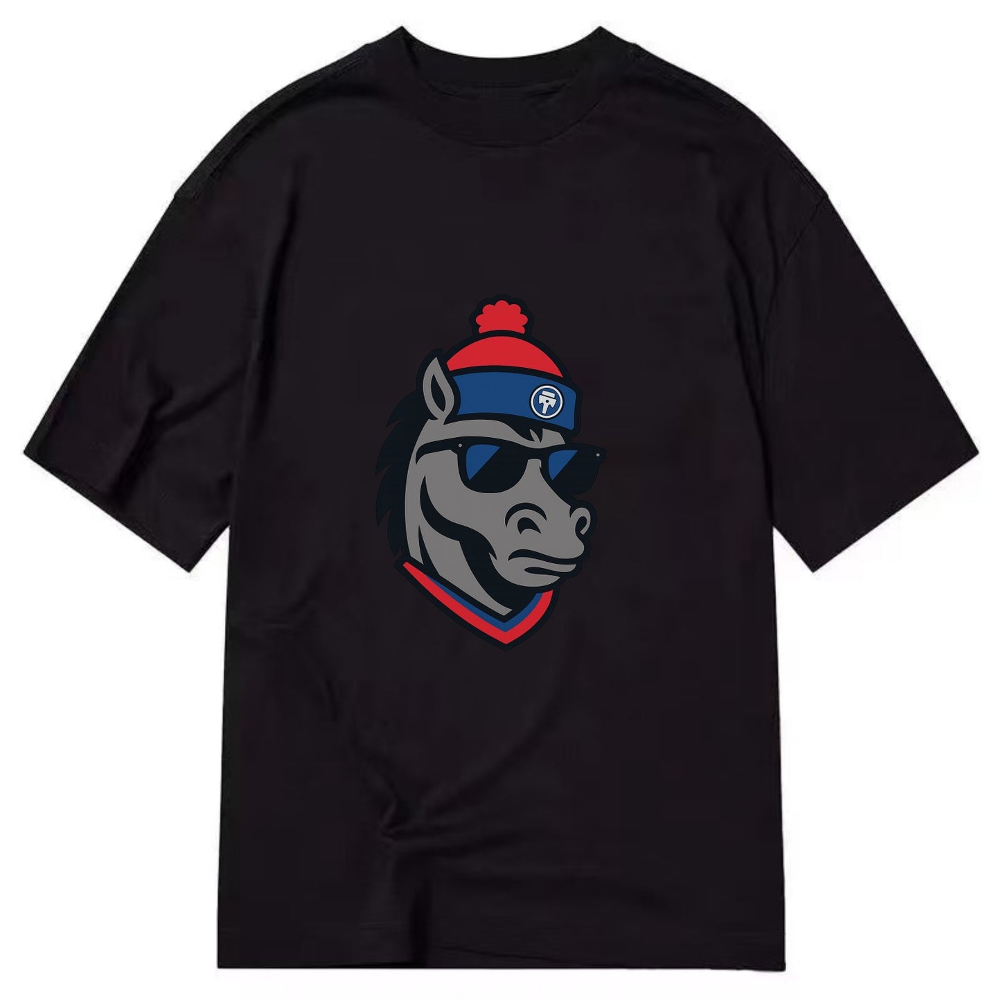 Detroit Stallion wearing Pistons red and blue beanie with piston patch and - Classic T-shirt - Black