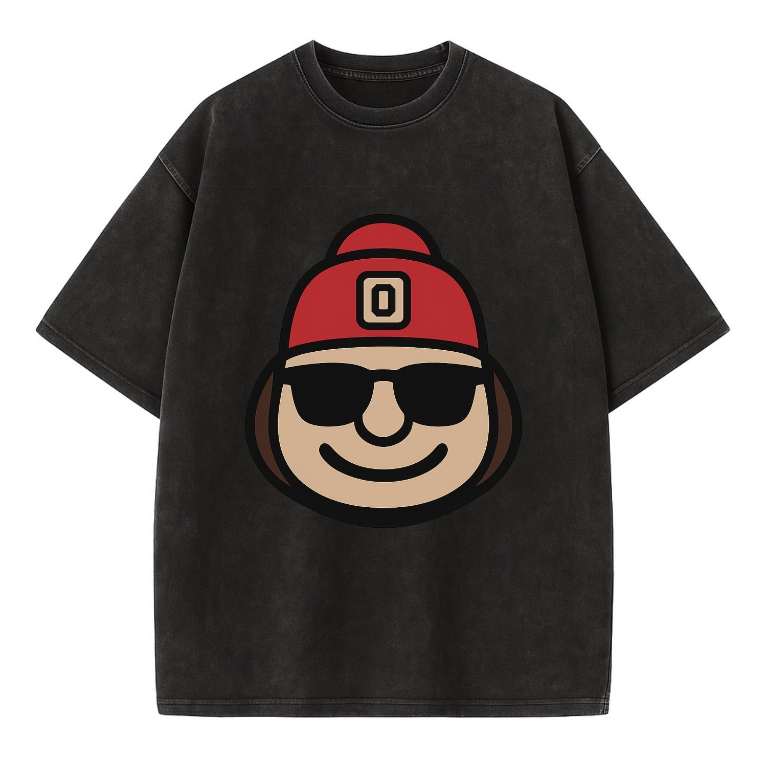 Columbus Brutus wearing Ohio State beanie with Block O patch - Vintage T-shirt - Black