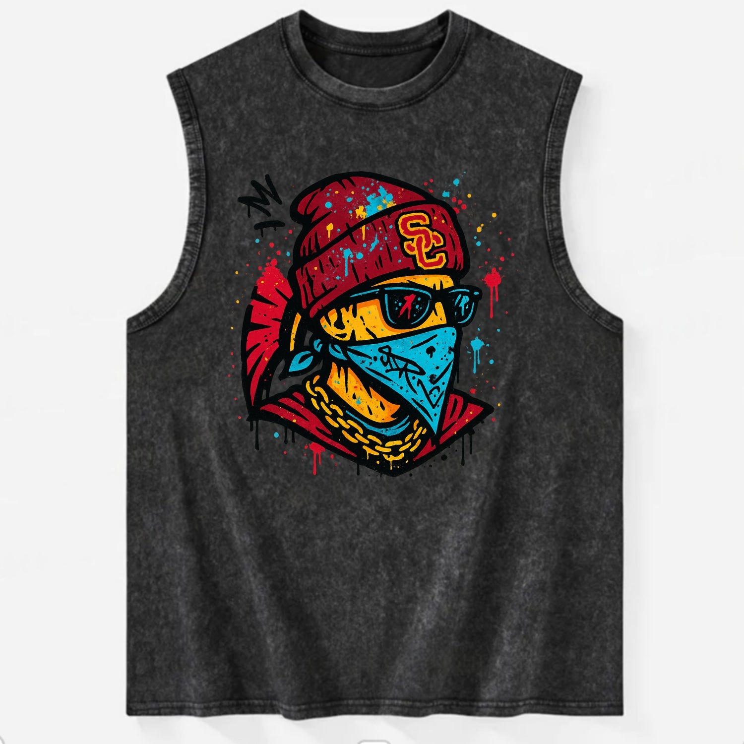 Los Angeles Trojan wearing USC beanie with SC patch - Vintage Washed Tank - Black