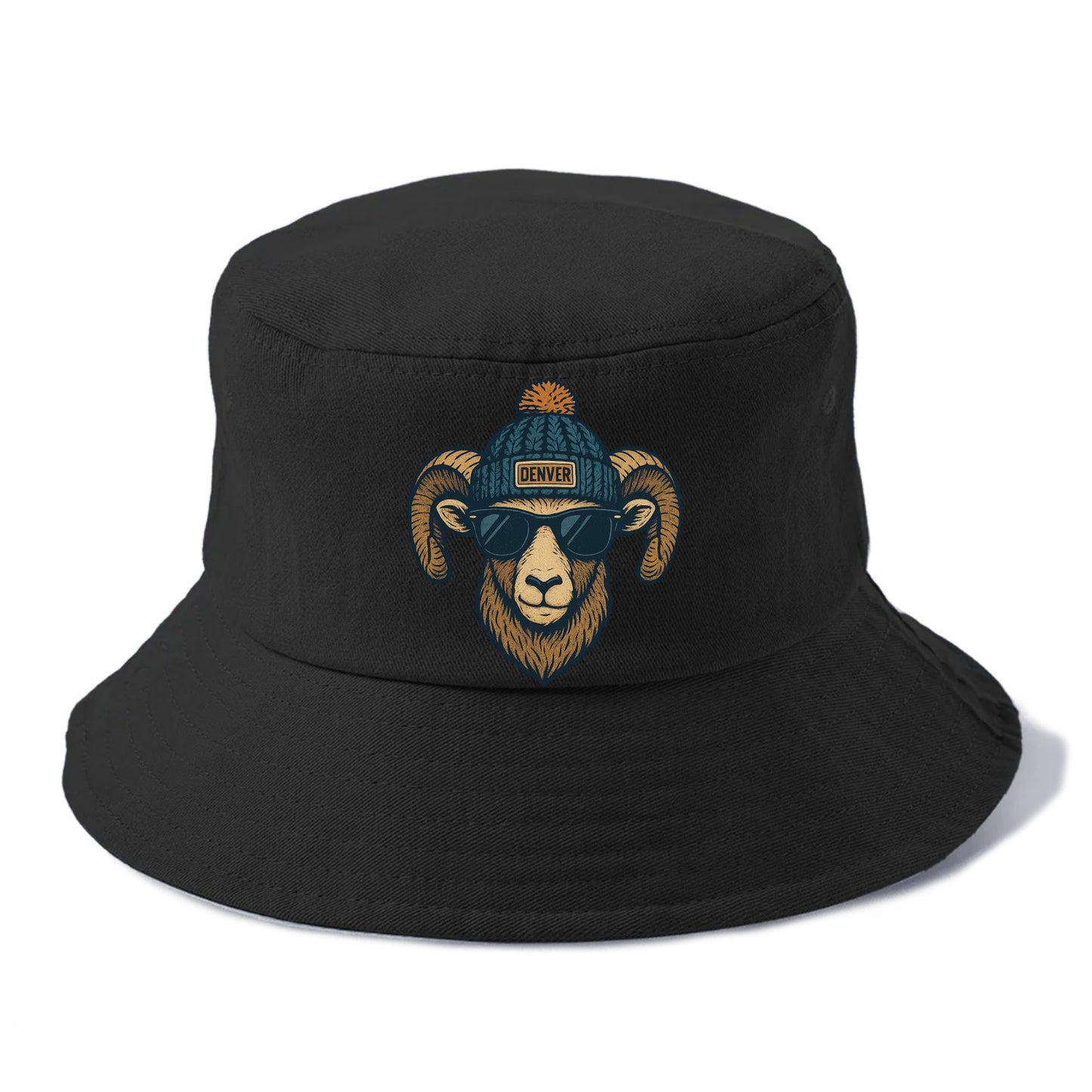 Colorado Rocky Mountain Bighorn Sheep wearing Denver beanie with pom pom and wayfarer - Bucket Hat - Black