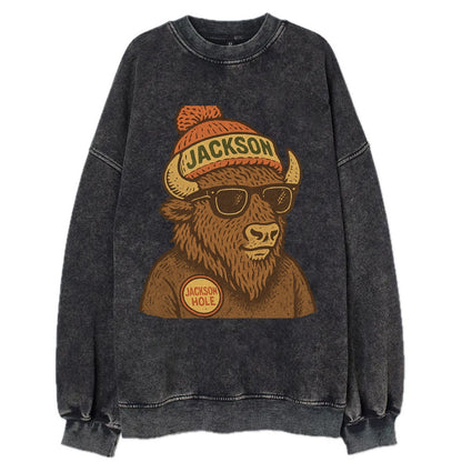 Jackson Hole Bison wearing Jackson beanie with pom pom and wayfarer sunglasses - Vintage Sweatshirt - Black