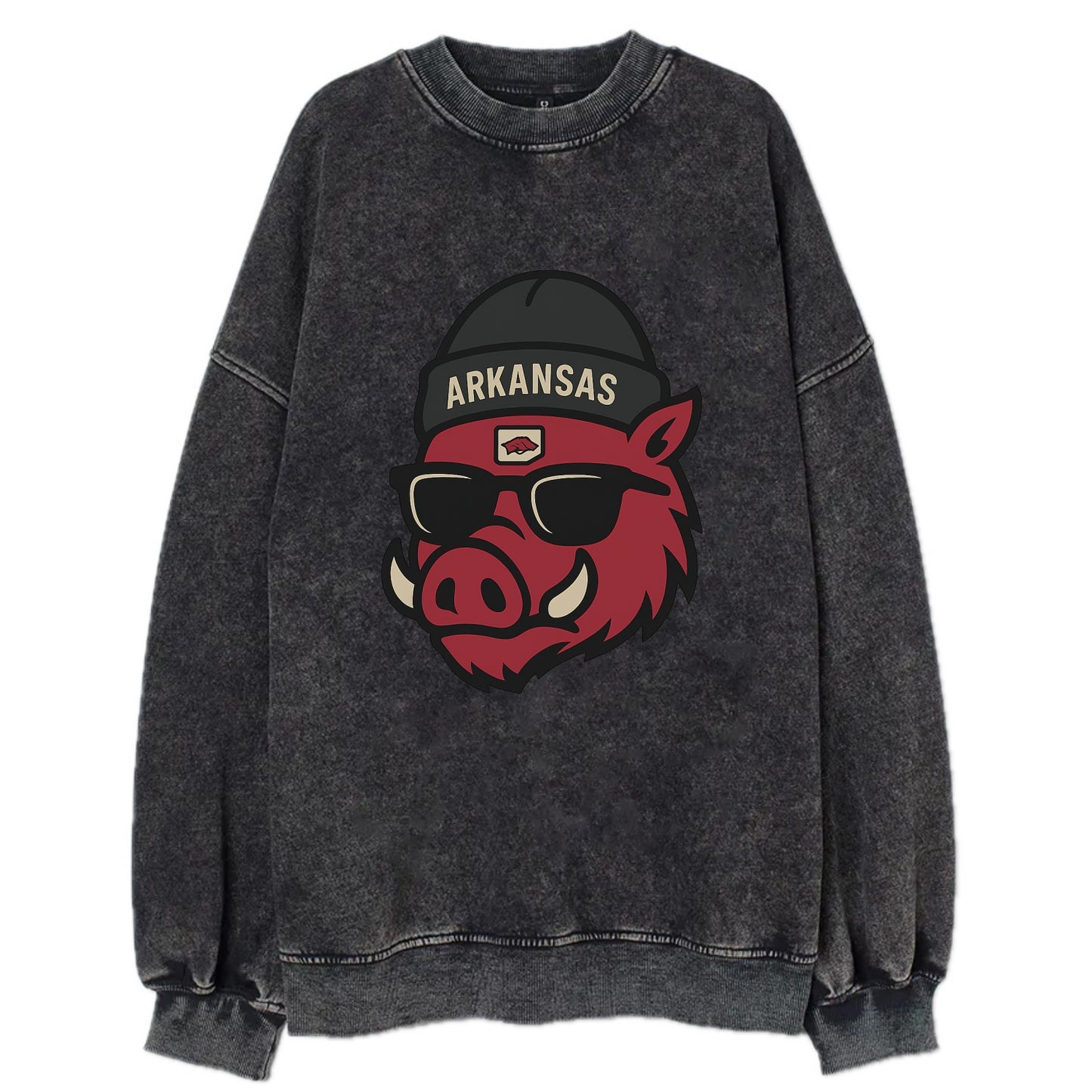 Fayetteville Razorback wearing Arkansas beanie with hog patch - Vintage Sweatshirt - Black