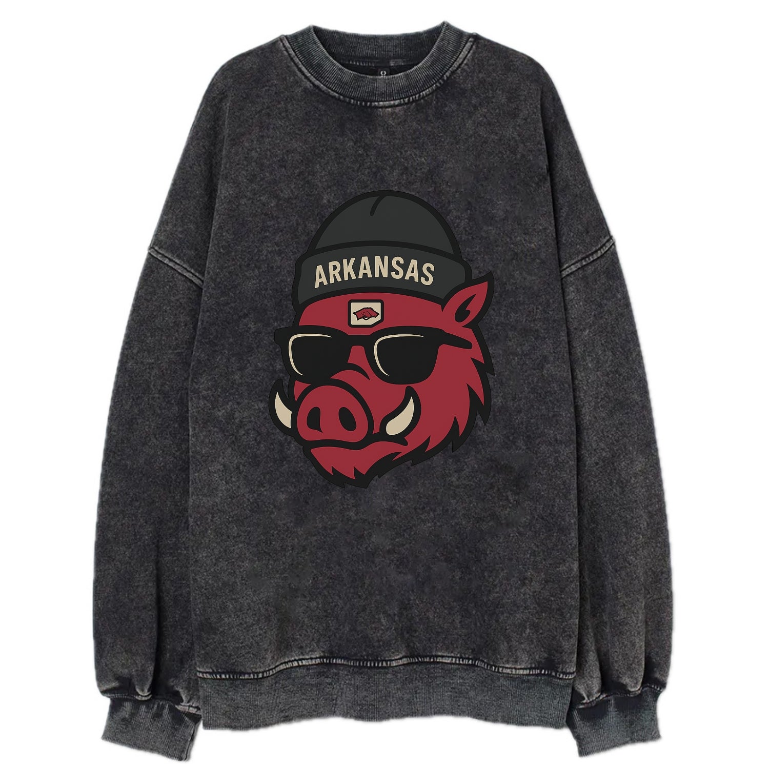 Fayetteville Razorback wearing Arkansas beanie with hog patch - Vintage Sweatshirt - Black
