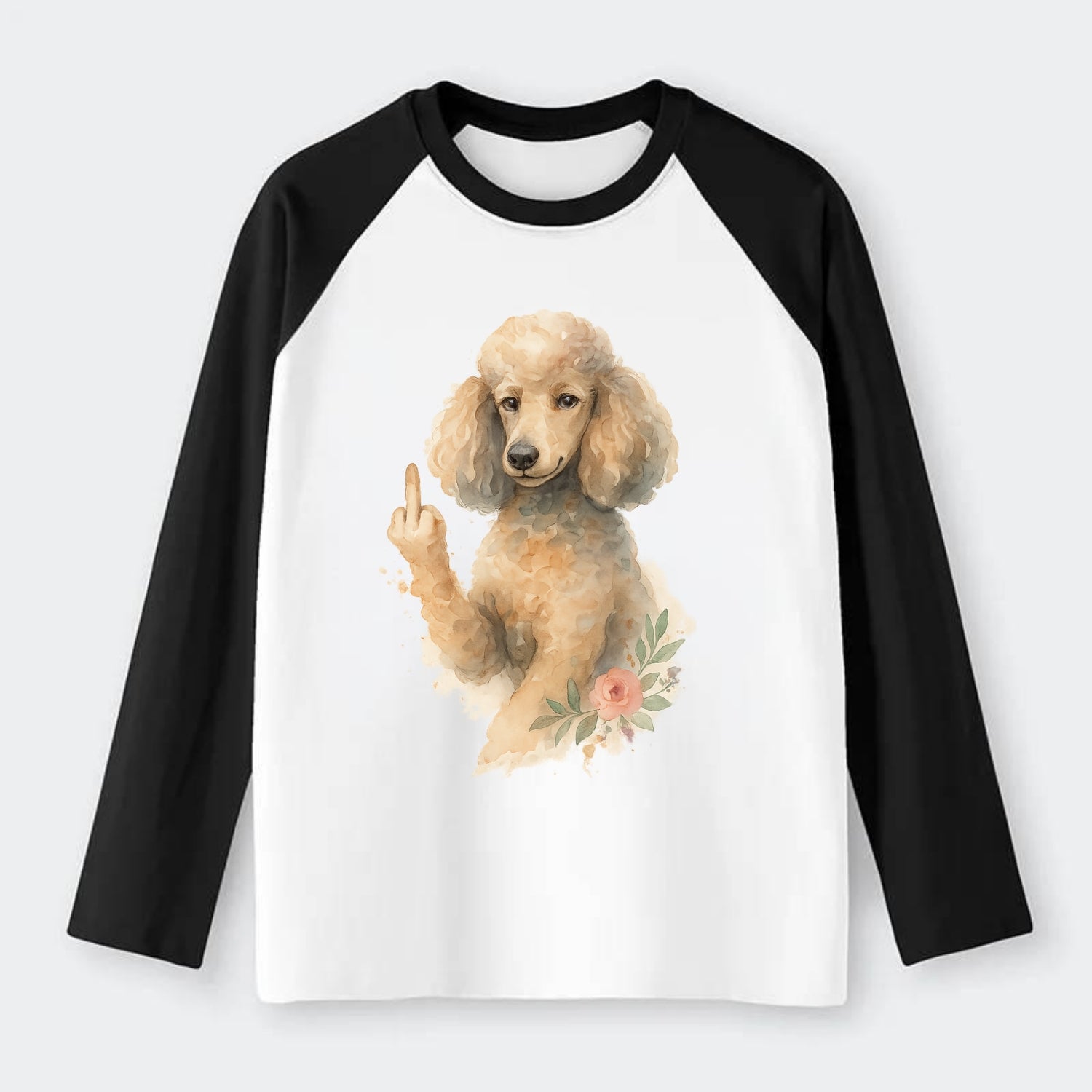 Standard Poodle with curly styled coat, intelligent face, fancy paw - Raglan Long Sleeve T-Shirt - Black
