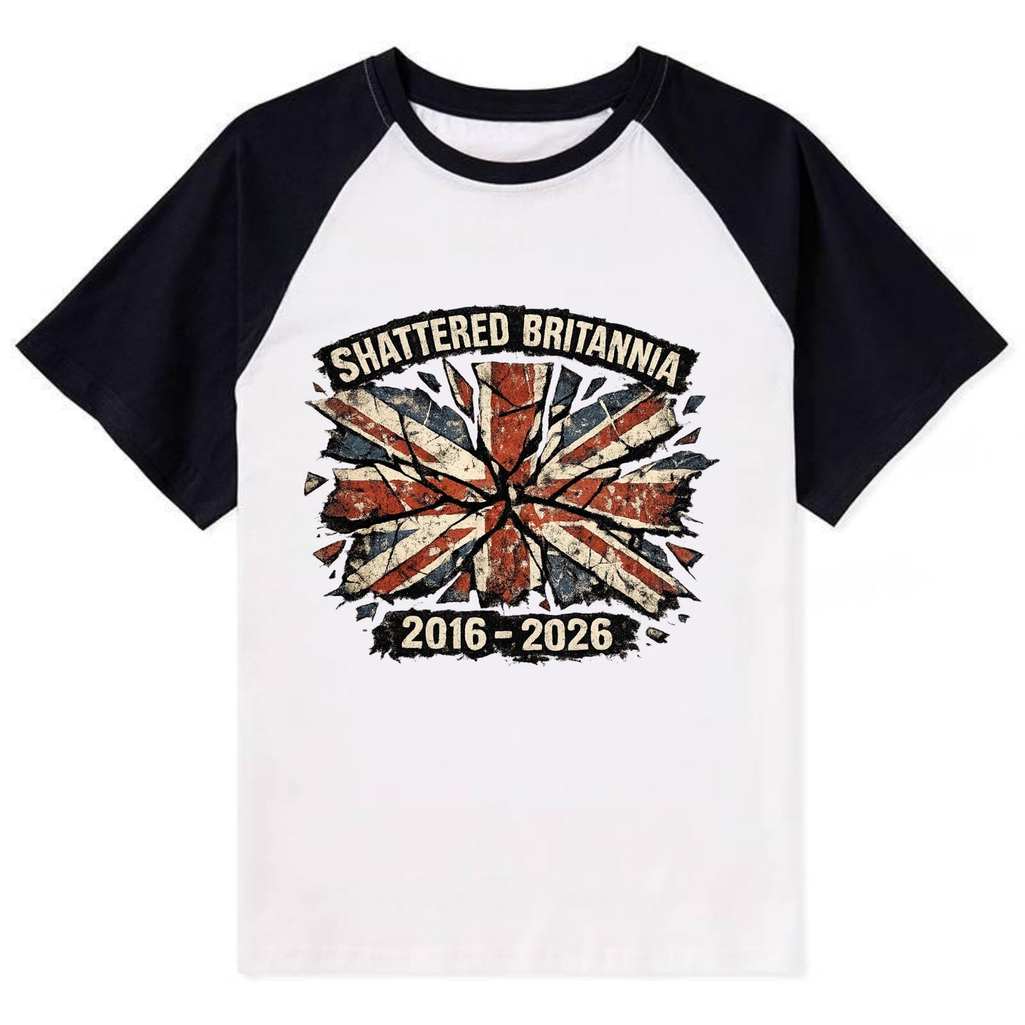 SHATTERED BRITANNIA | Cracked broken Union Jack | Fragmented glass effect - Contrast Raglan T-shirt - Black