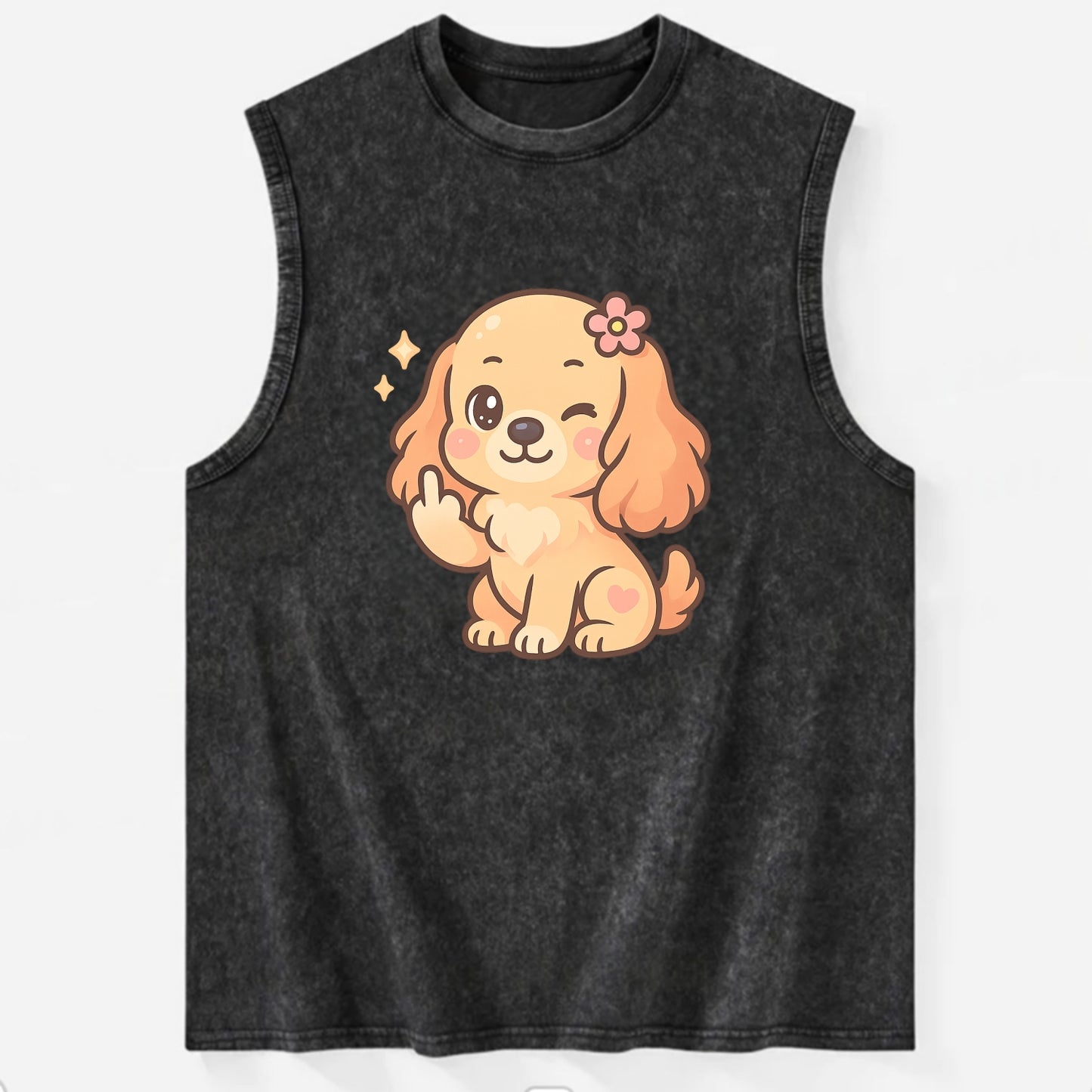 Cocker Spaniel with long wavy ears, gentle face, paw flipping off - Vintage Washed Tank - Black