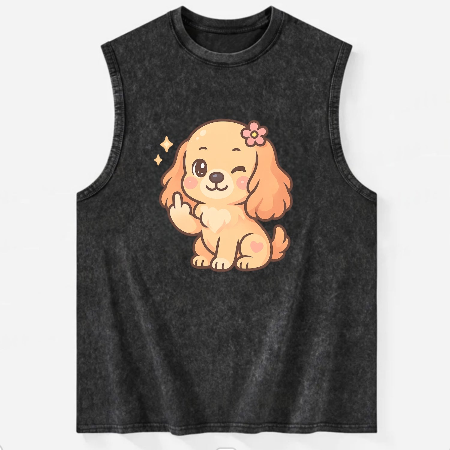 Cocker Spaniel with long wavy ears, gentle face, paw flipping off - Vintage Washed Tank - Black
