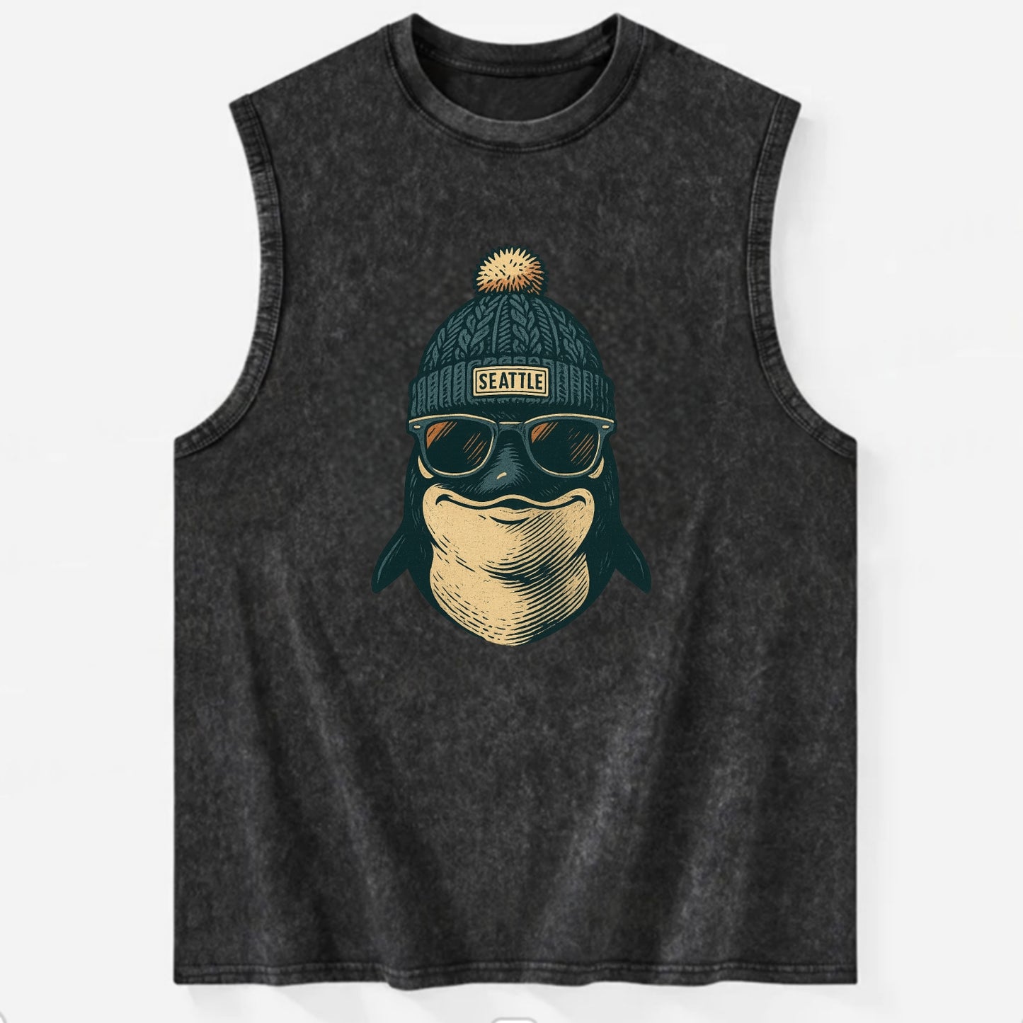 Washington Orca wearing Seattle beanie with pom pom and wayfarer sunglasses - Vintage Washed Tank - Black