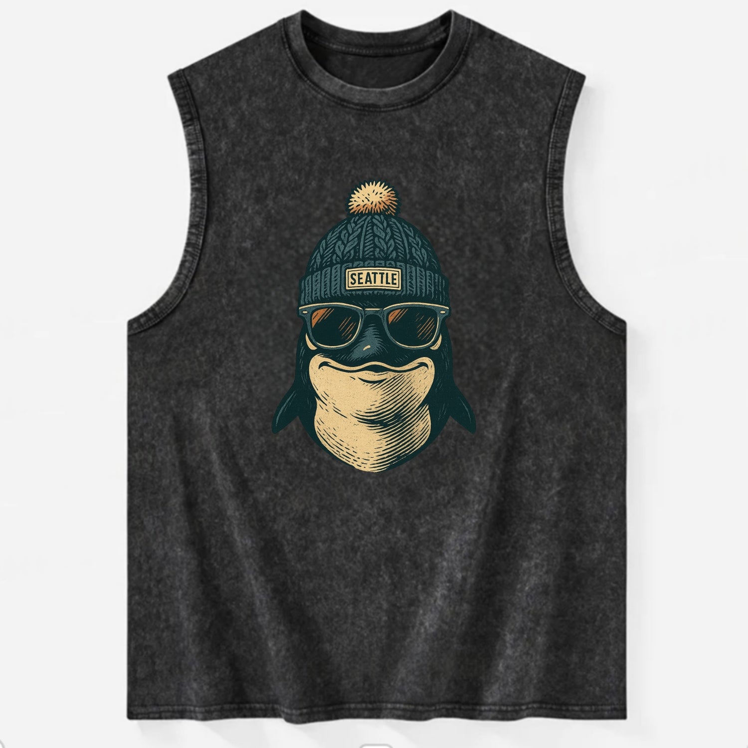 Washington Orca wearing Seattle beanie with pom pom and wayfarer sunglasses - Vintage Washed Tank - Black
