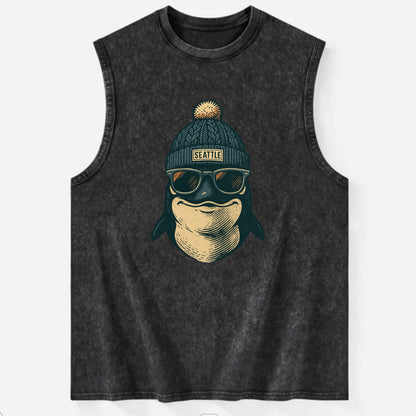 Washington Orca wearing Seattle beanie with pom pom and wayfarer sunglasses - Vintage Washed Tank - Black