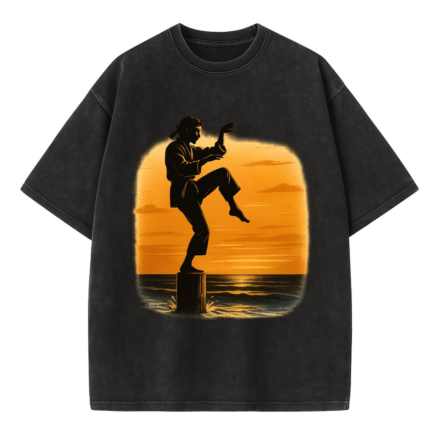 karate crane kick pose on wooden post at beach sunset - Vintage T-shirt - Black