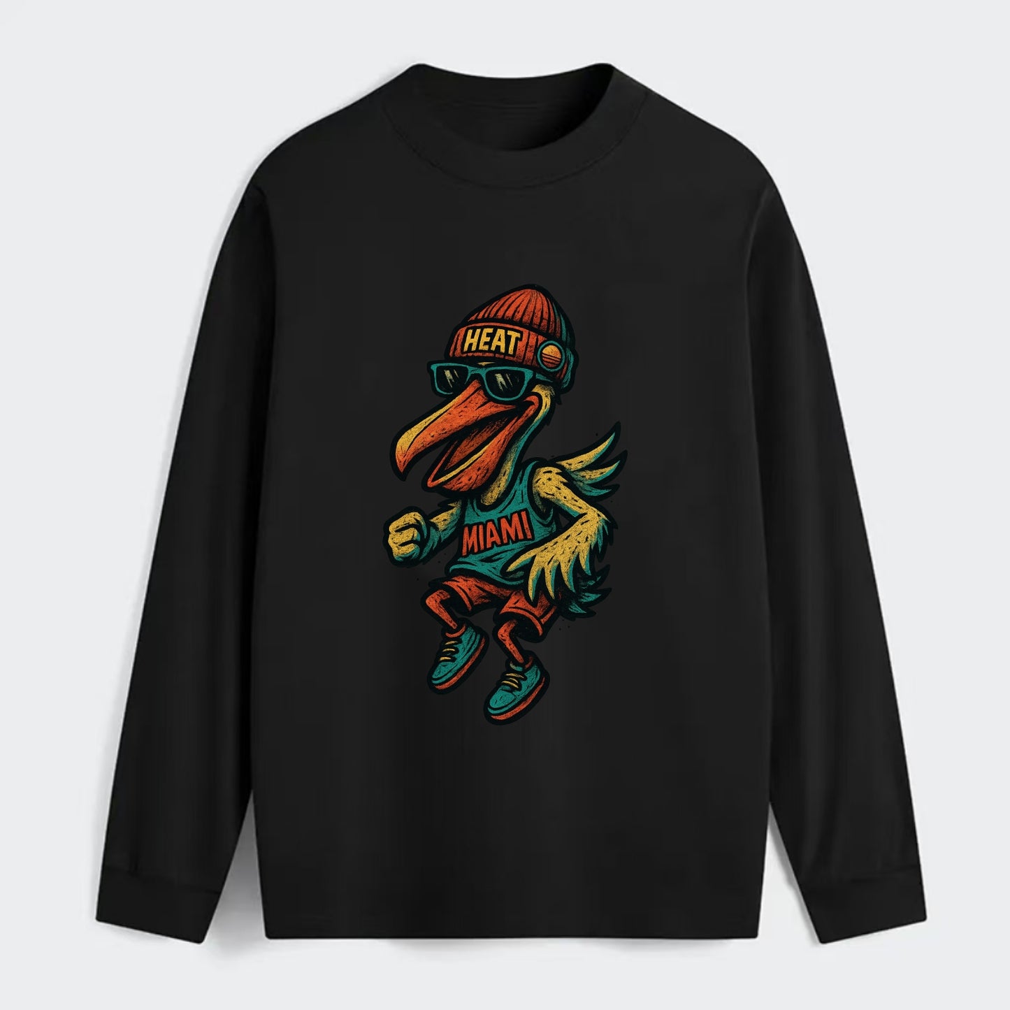 Miami Pelican wearing Heat beanie with sunset patch and wayfarer - Classic Long Sleeve Shirt - Black