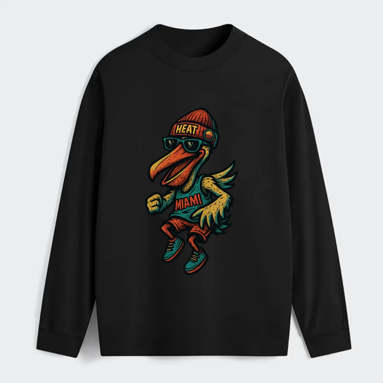 Miami Pelican wearing Heat beanie with sunset patch and wayfarer - Classic Long Sleeve Shirt - Black