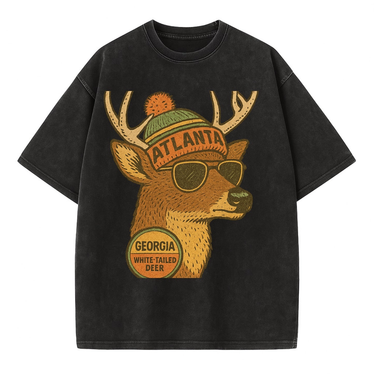 Georgia White-tailed Deer wearing Atlanta beanie with pom pom and wayfarer - Vintage T-shirt - Black