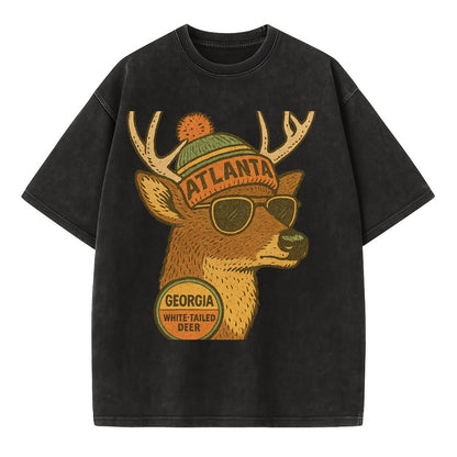 Georgia White-tailed Deer wearing Atlanta beanie with pom pom and wayfarer - Vintage T-shirt - Black