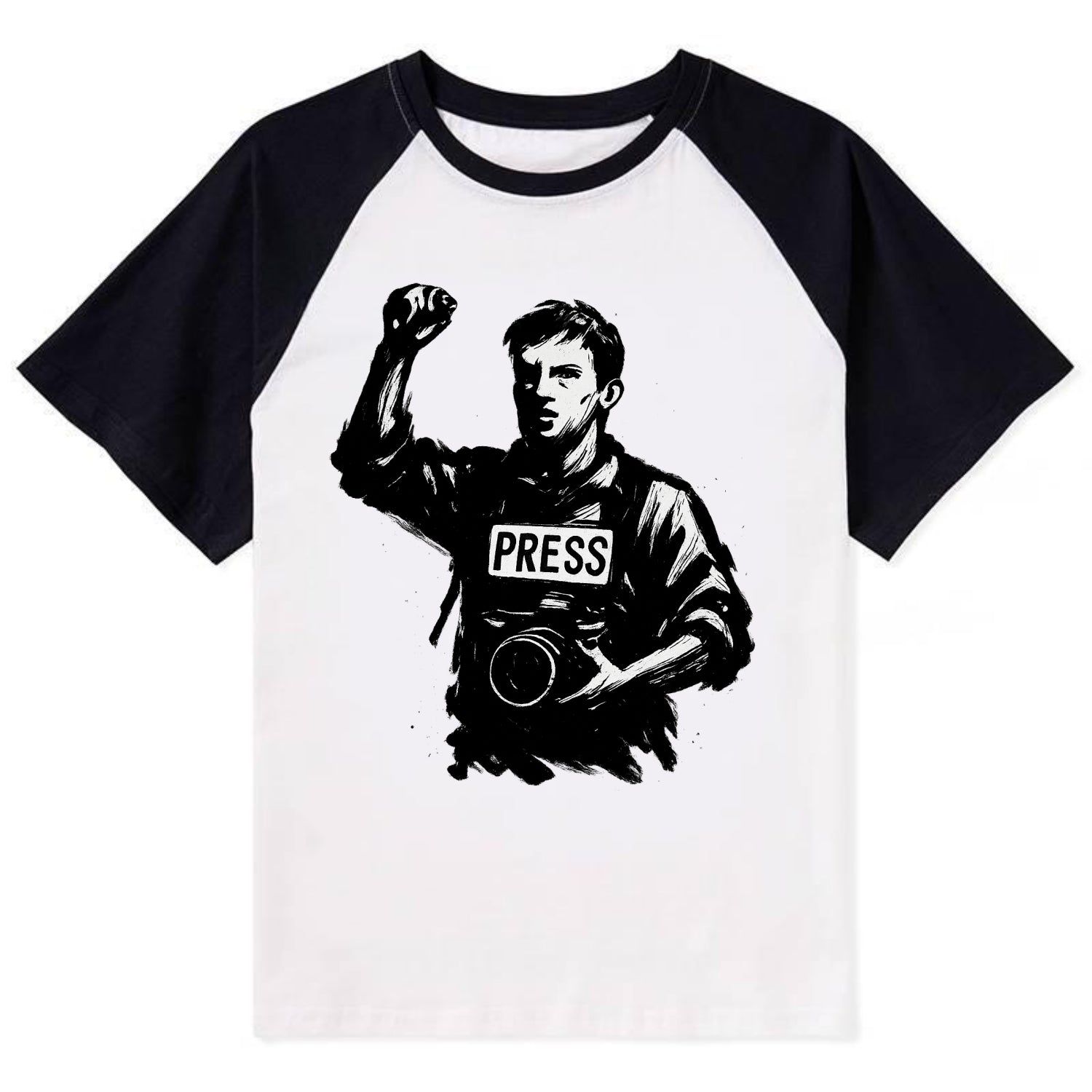 Journalist with camera - press freedom ink painting - Contrast Raglan T-shirt - Black
