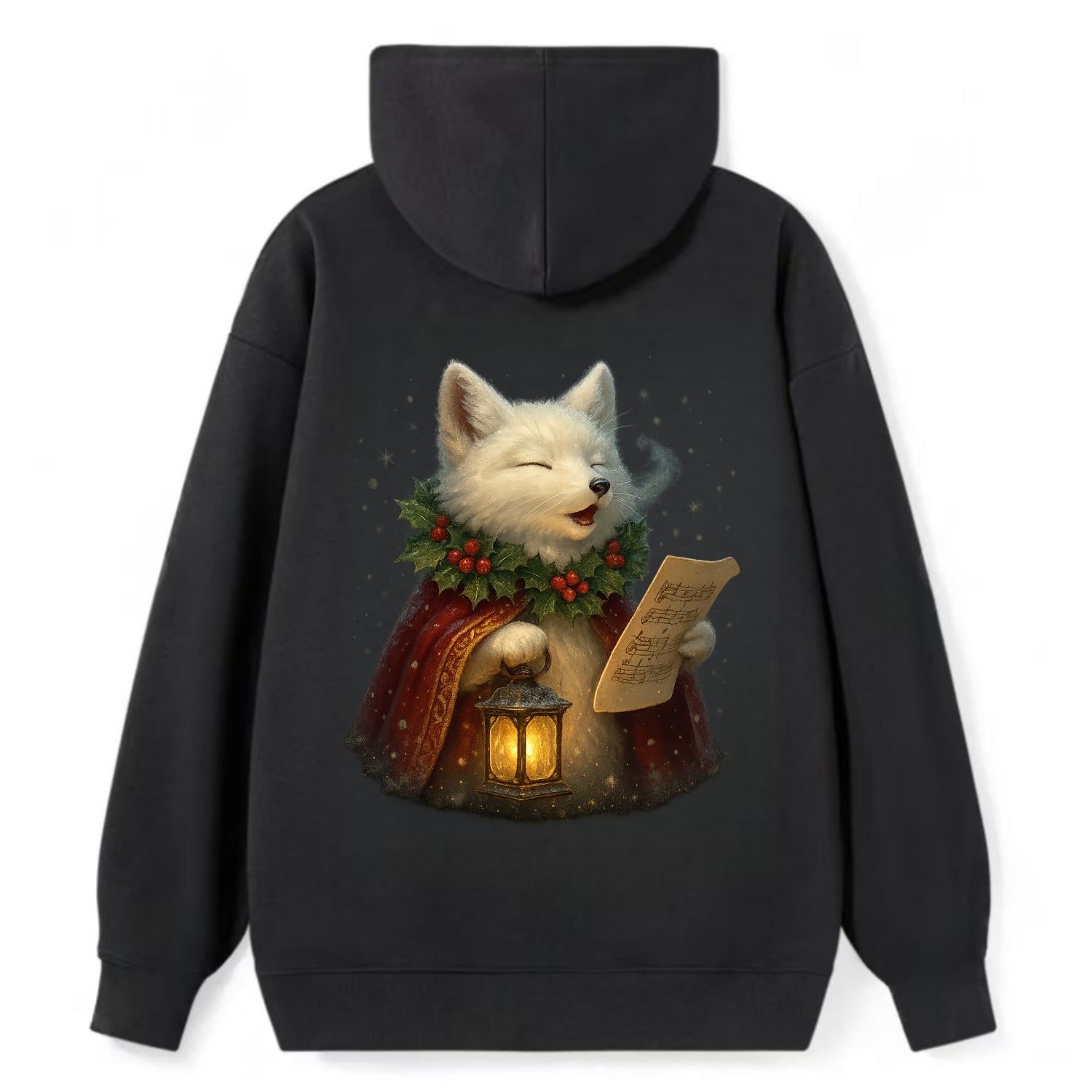 Snowbound Arctic Fox Caroler  - Classic Pullover Hoodie - Black