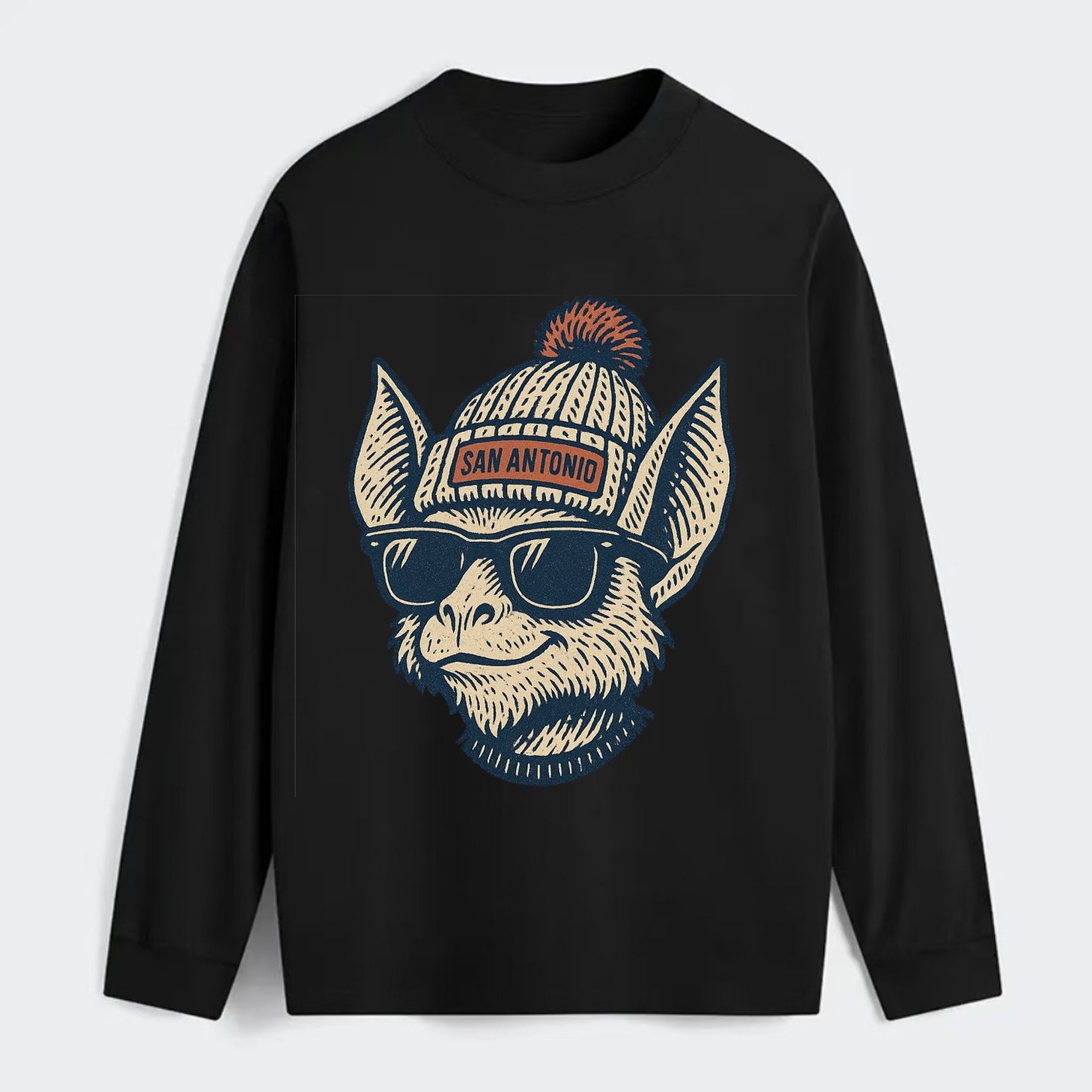 San Antonio Bat wearing San Antonio beanie with pom pom and wayfarer - Classic Long Sleeve Shirt - Black
