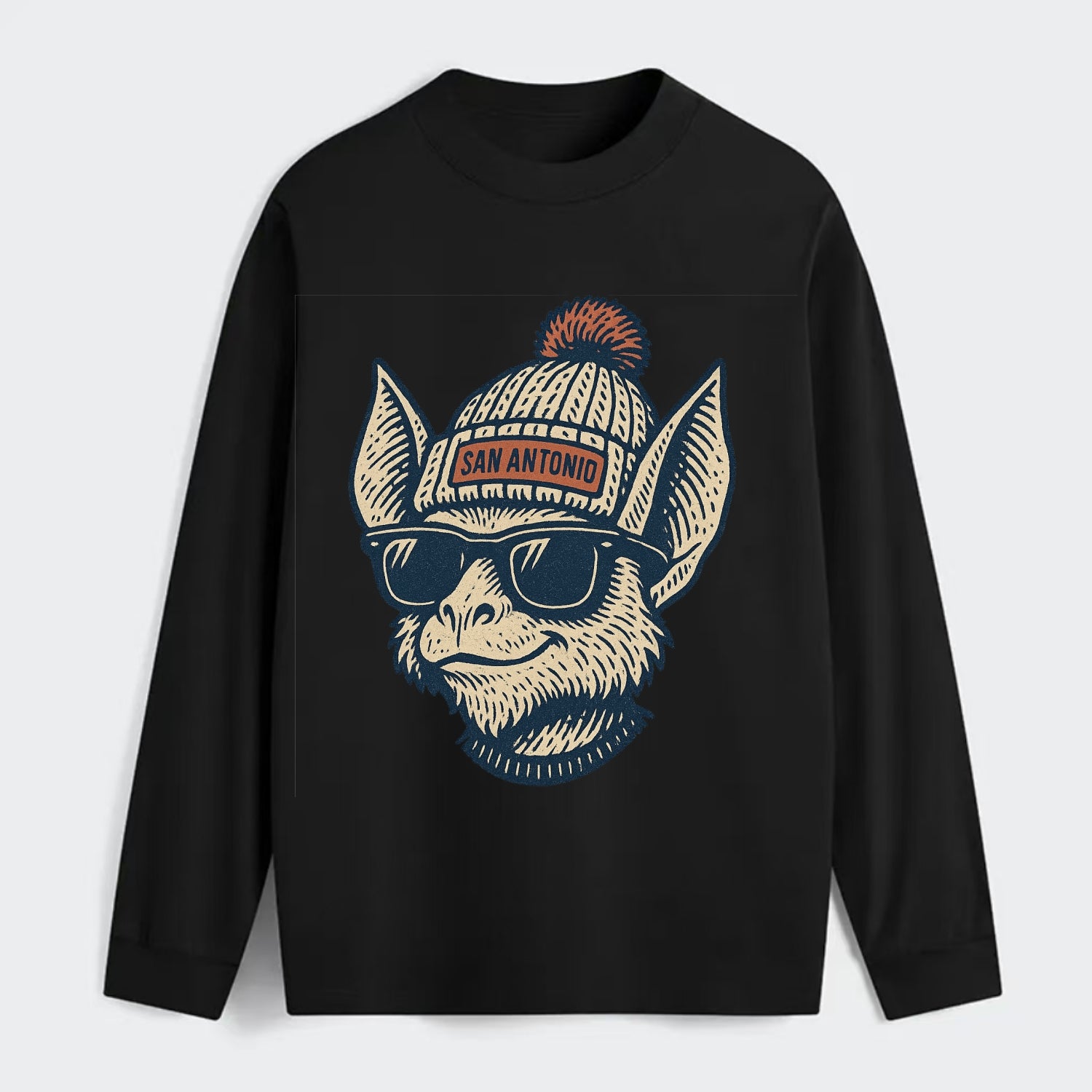 San Antonio Bat wearing San Antonio beanie with pom pom and wayfarer - Classic Long Sleeve Shirt - Black