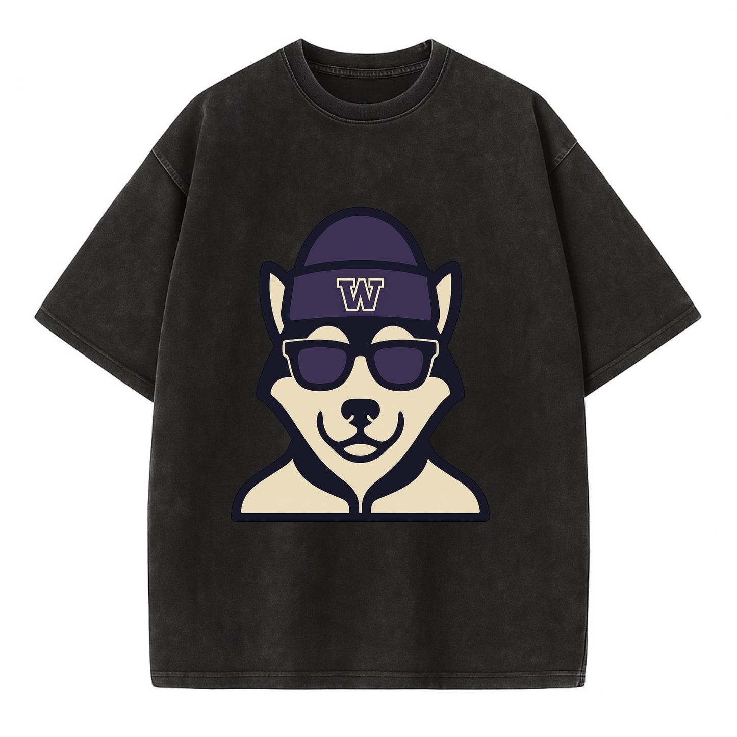 Seattle Husky wearing Washington beanie with W patch - Vintage T-shirt - Black