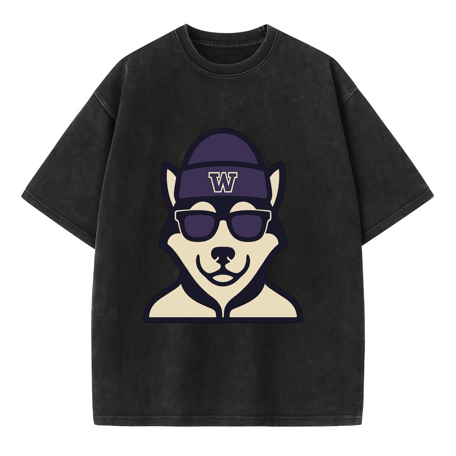 Seattle Husky wearing Washington beanie with W patch - Vintage T-shirt - Black