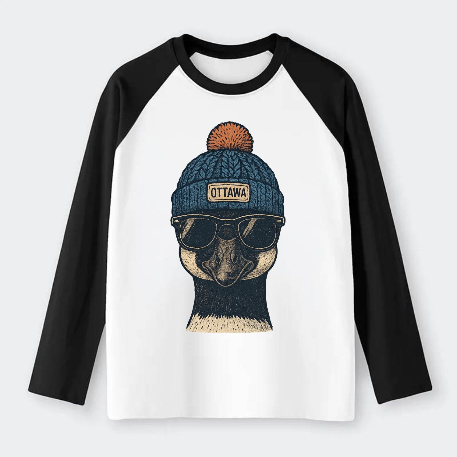 Ottawa Canadian Goose wearing Ottawa bea - Raglan Long Sleeve T-Shirt - Black