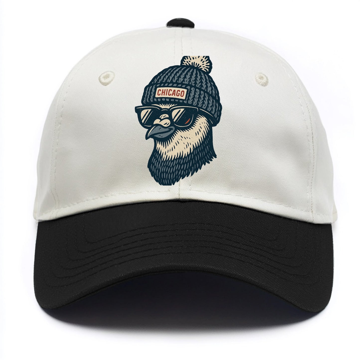 Chicago Pigeon wearing Chicago beanie with pom pom and wayfarer sunglasses - Two Tone Cap - Black
