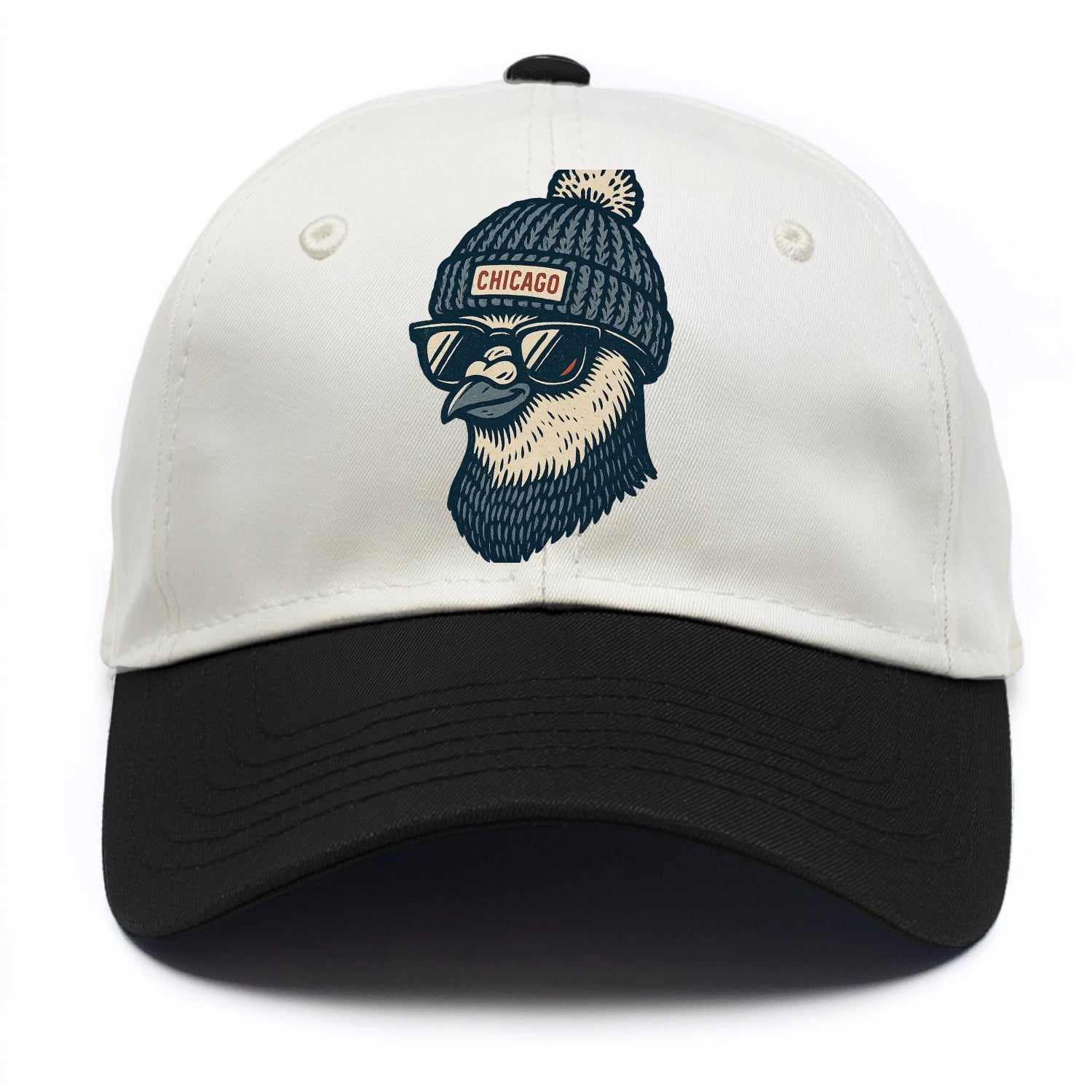 Chicago Pigeon wearing Chicago beanie with pom pom and wayfarer sunglasses - Two Tone Cap - Black