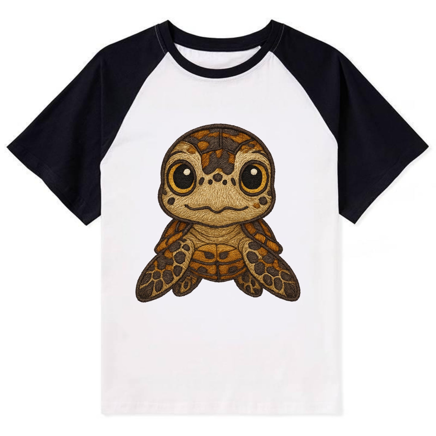 Baby Hawksbill Turtle - amber and brown shell pattern, curious golden - Contrast Raglan T-shirt - Black