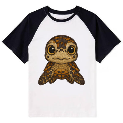 Baby Hawksbill Turtle - amber and brown shell pattern, curious golden - Contrast Raglan T-shirt - Black