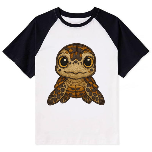 Baby Hawksbill Turtle - amber and brown shell pattern, curious golden - Contrast Raglan T-shirt - Black