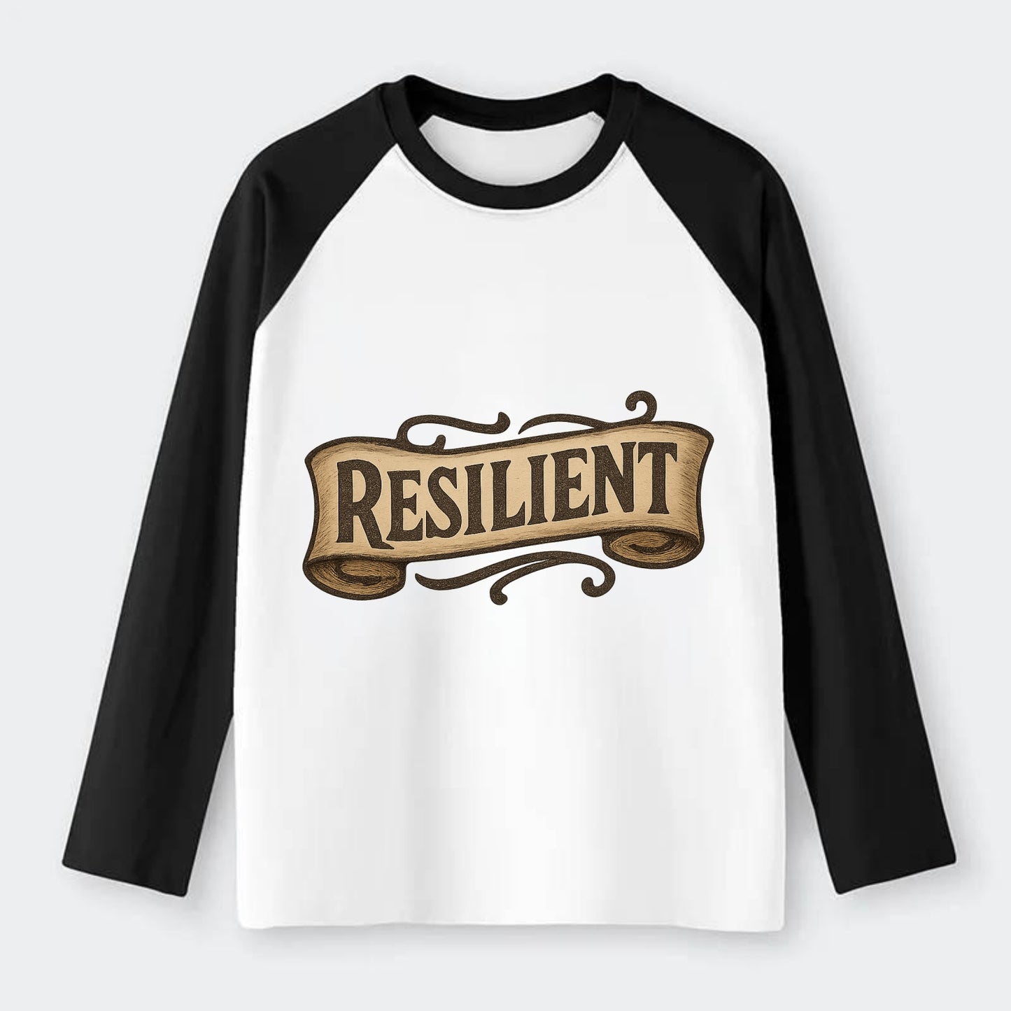 Bold typography design - "RESILIENT" - bouncing back, unbreakable - Raglan Long Sleeve T-Shirt - Black