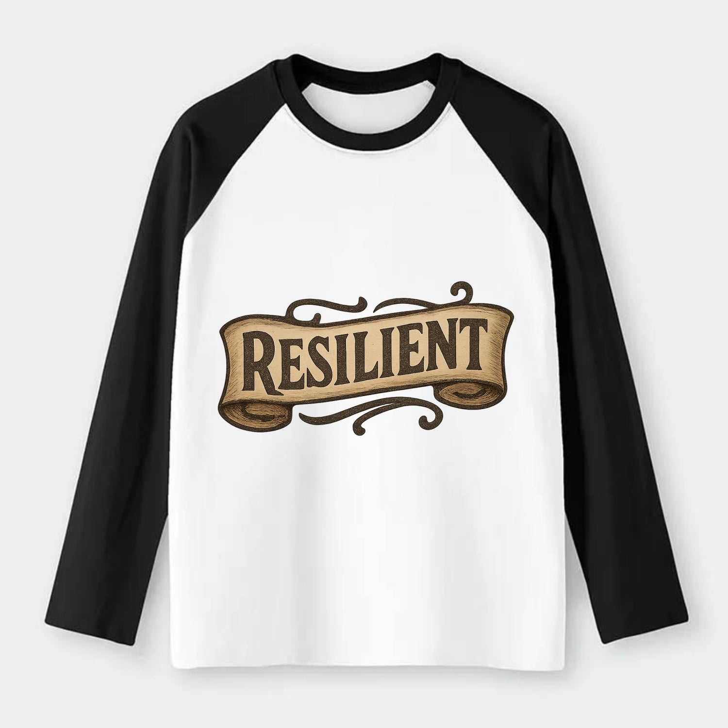 Bold typography design - "RESILIENT" - bouncing back, unbreakable - Raglan Long Sleeve T-Shirt - Black