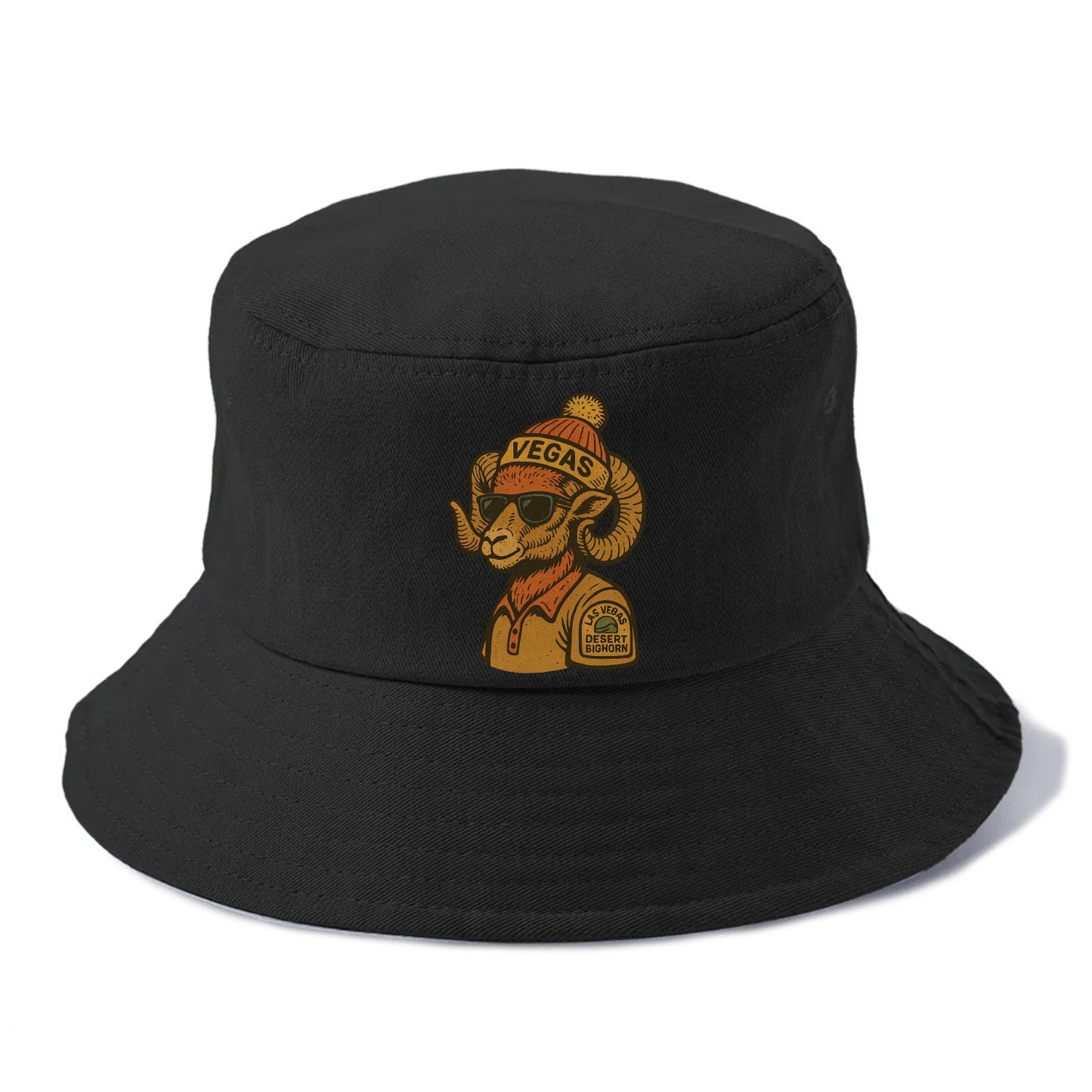 Las Vegas Desert Bighorn wearing Vegas beanie with pom pom and wayfarer sunglasses - Bucket Hat - Black