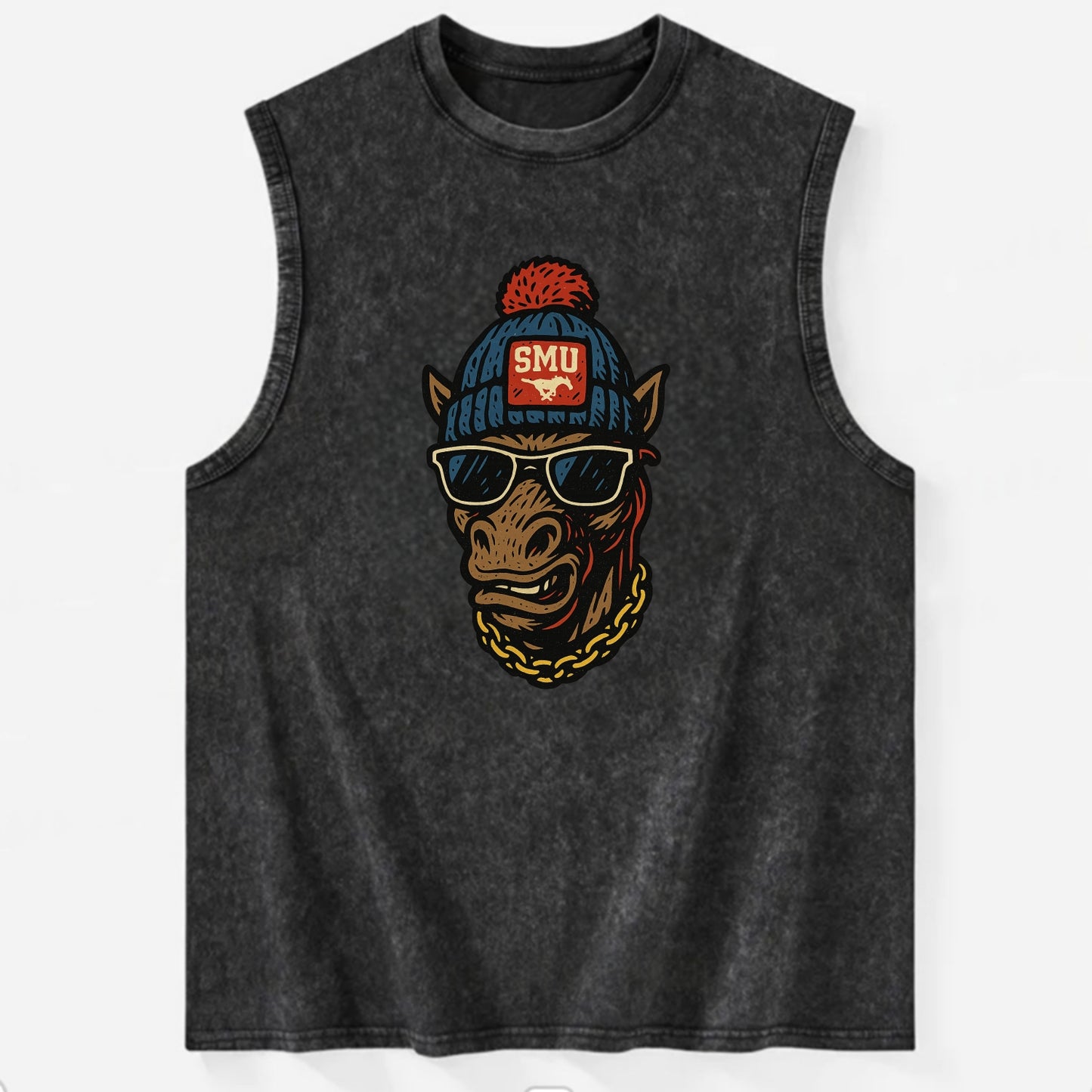 Dallas Mustang wearing SMU beanie with pony patch - Vintage Washed Tank - Black