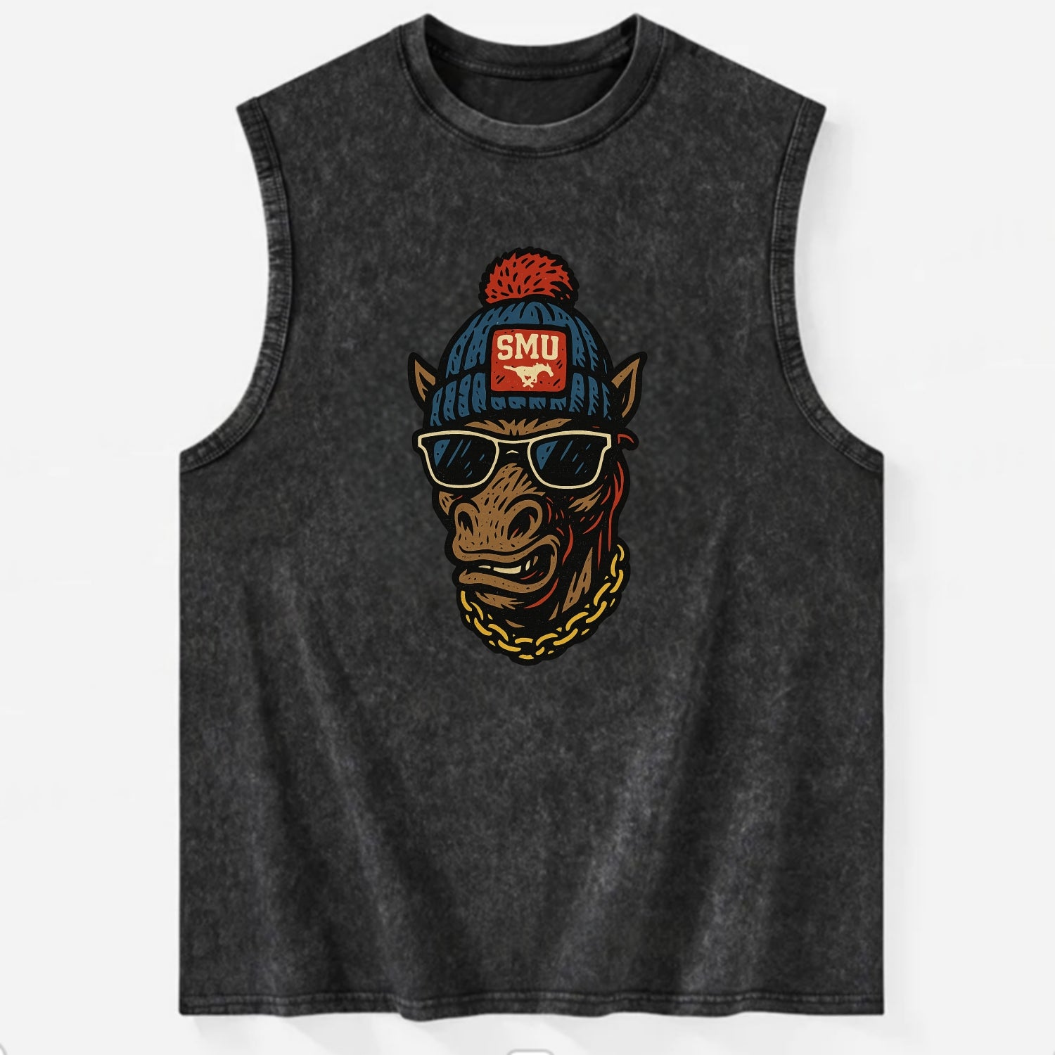 Dallas Mustang wearing SMU beanie with pony patch - Vintage Washed Tank - Black