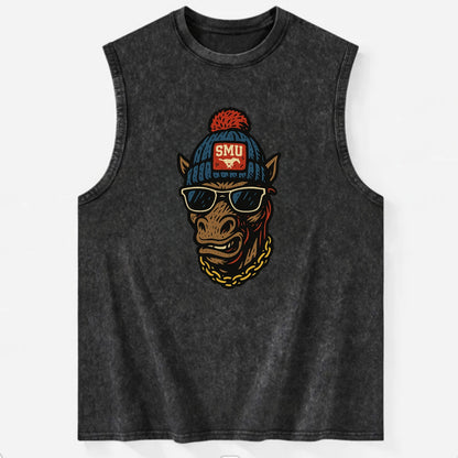 Dallas Mustang wearing SMU beanie with pony patch - Vintage Washed Tank - Black