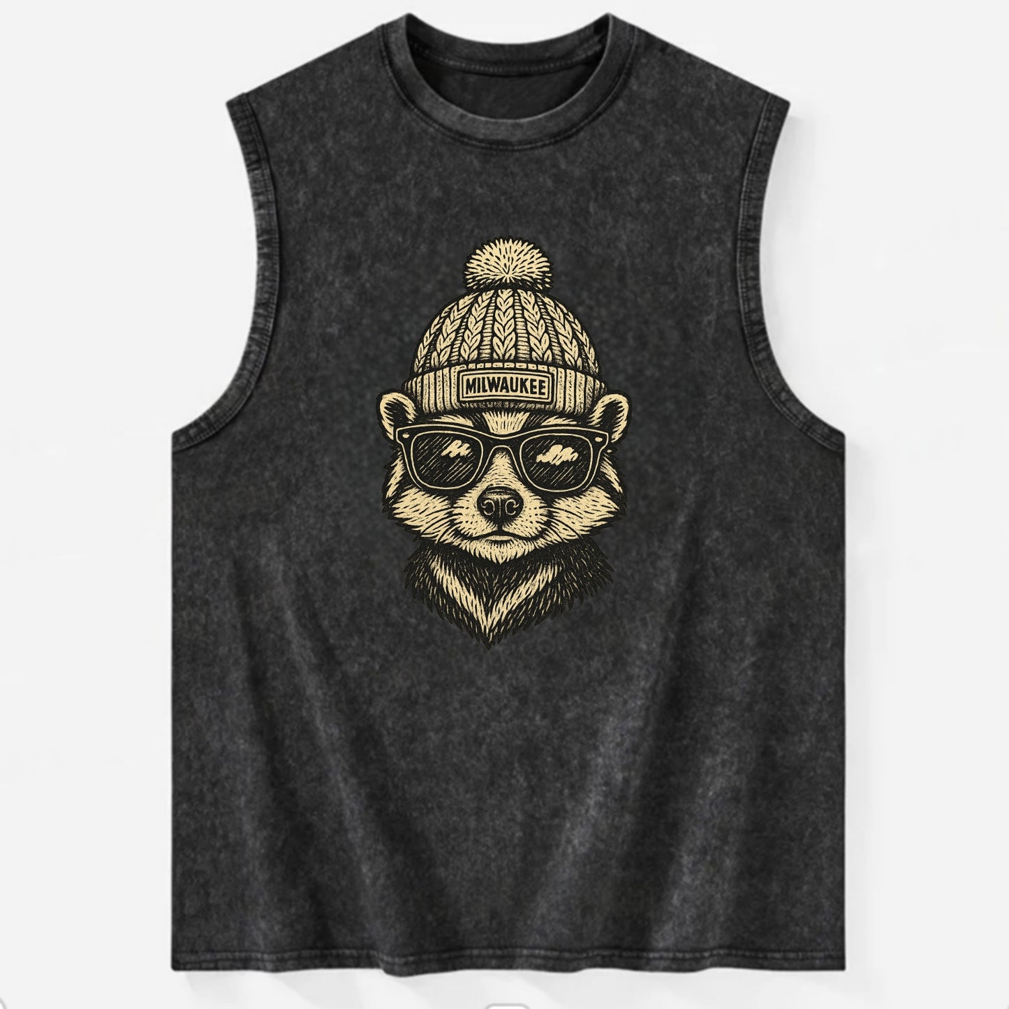 Wisconsin Badger wearing Milwaukee beanie with pom pom and wayfarer sunglasses - Vintage Washed Tank - Black
