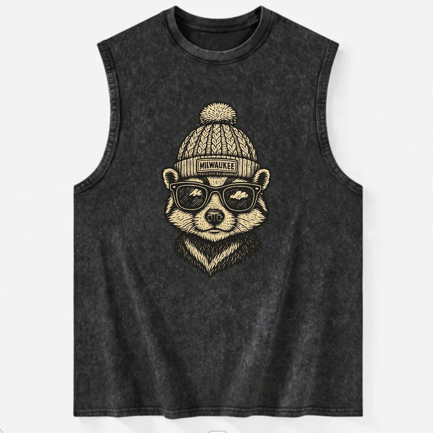 Wisconsin Badger wearing Milwaukee beanie with pom pom and wayfarer sunglasses - Vintage Washed Tank - Black