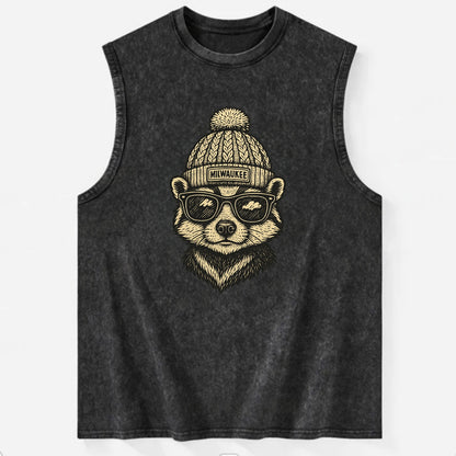Wisconsin Badger wearing Milwaukee beanie with pom pom and wayfarer sunglasses - Vintage Washed Tank - Black