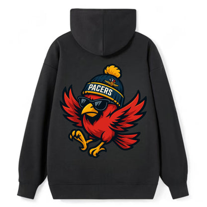 Indiana Cardinal wearing Pacers beanie with speedway patch and wayfarer - Classic Pullover Hoodie - Black