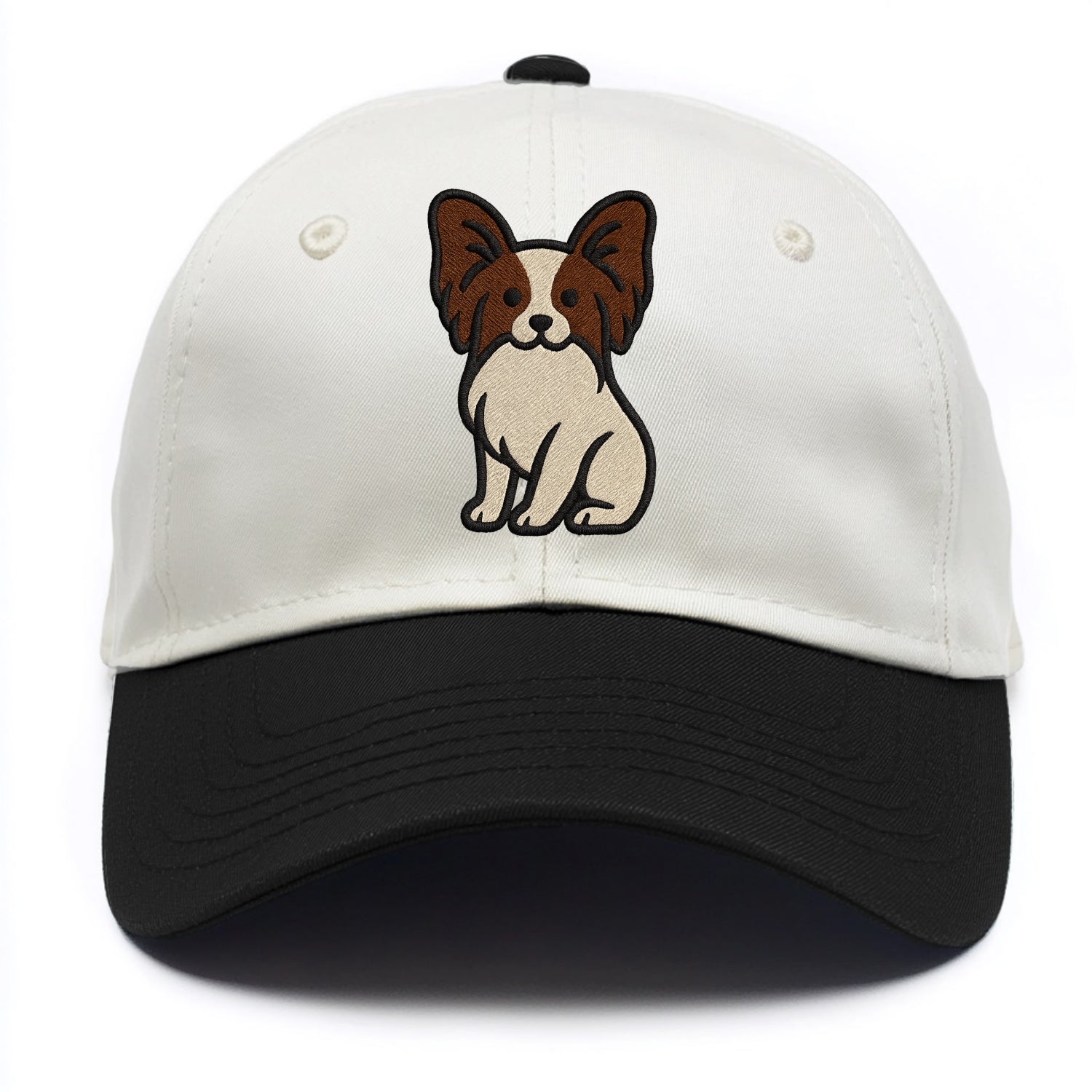 Papillon - White with brown ears sitting Two Tone Cap - Black