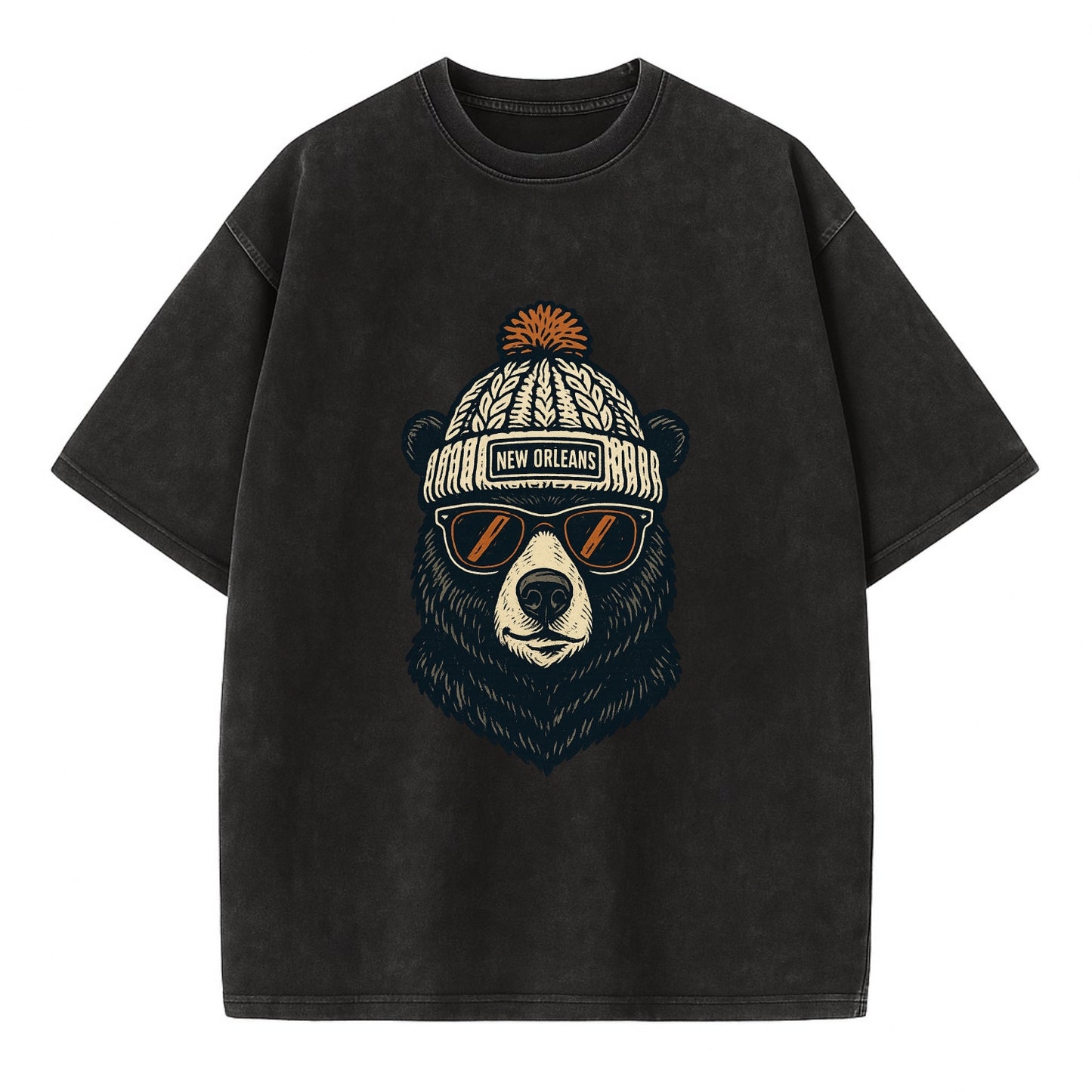 Louisiana Black Bear wearing New Orleans beanie with pom pom and wayfarer - Vintage T-shirt - Black