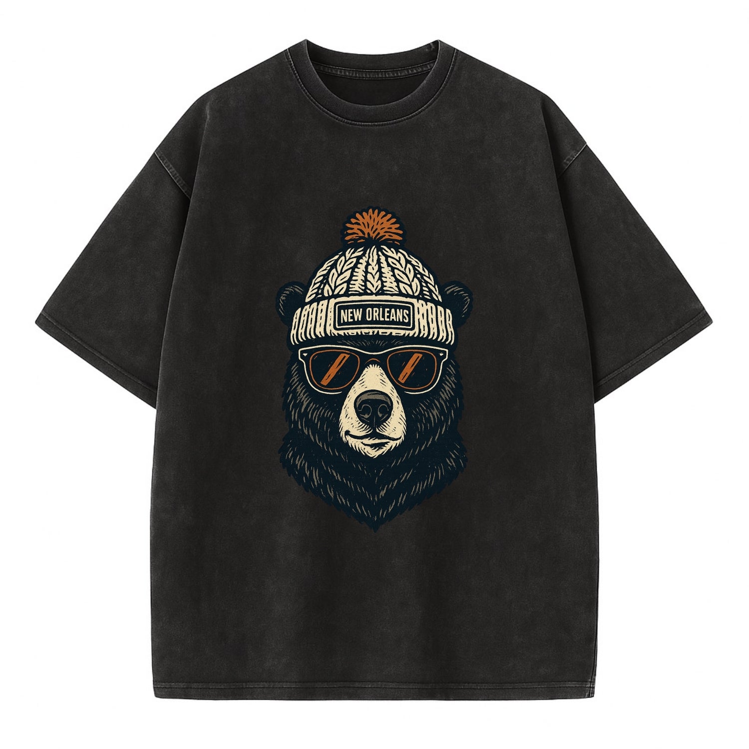 Louisiana Black Bear wearing New Orleans beanie with pom pom and wayfarer - Vintage T-shirt - Black